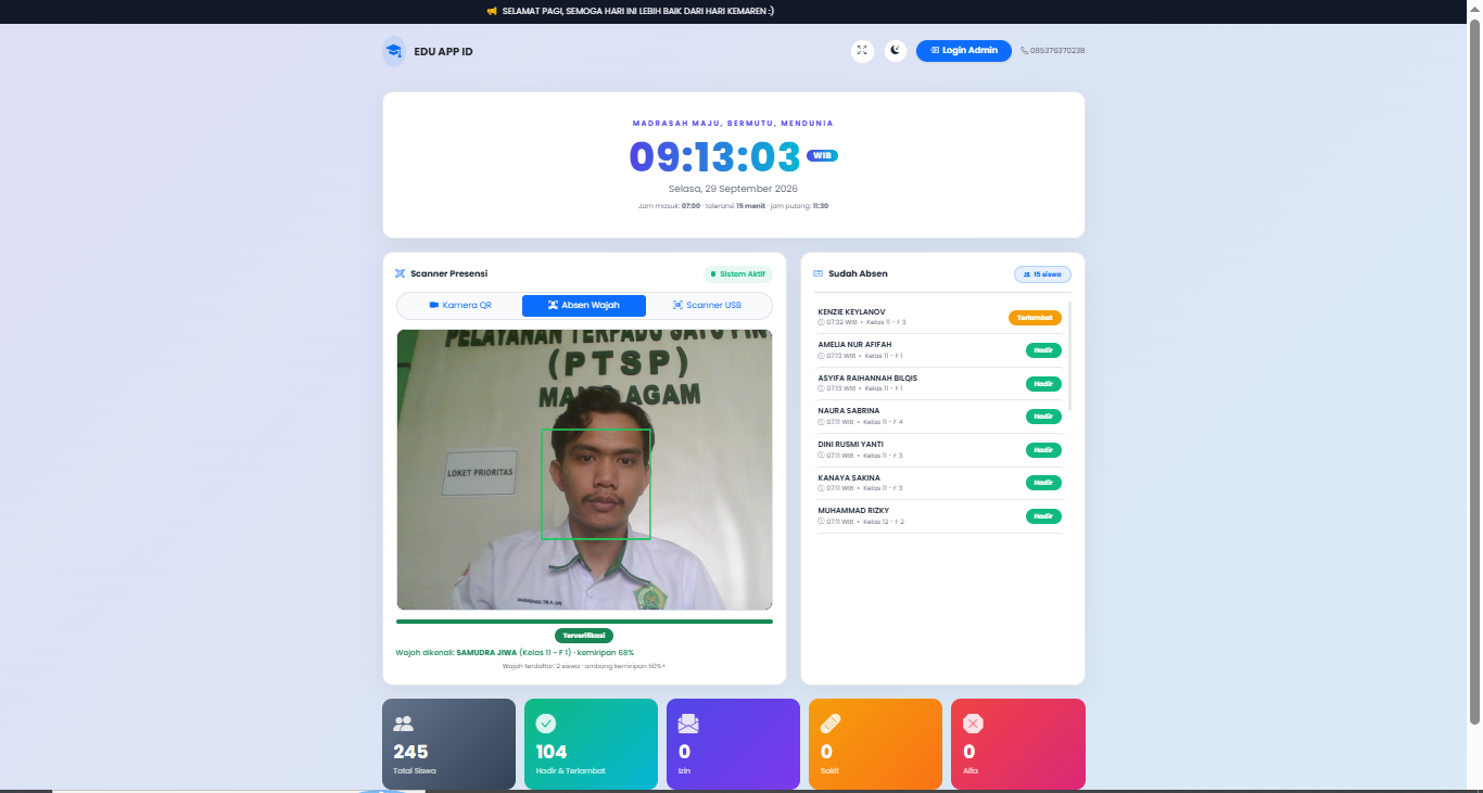Source Code Aplikasi Absensi Deteksi Wajah Automatis, QR Code & Barcode Sekolah + Kirim WA WhatsApp Orang Tua (PHP 8 Native) (Copy)